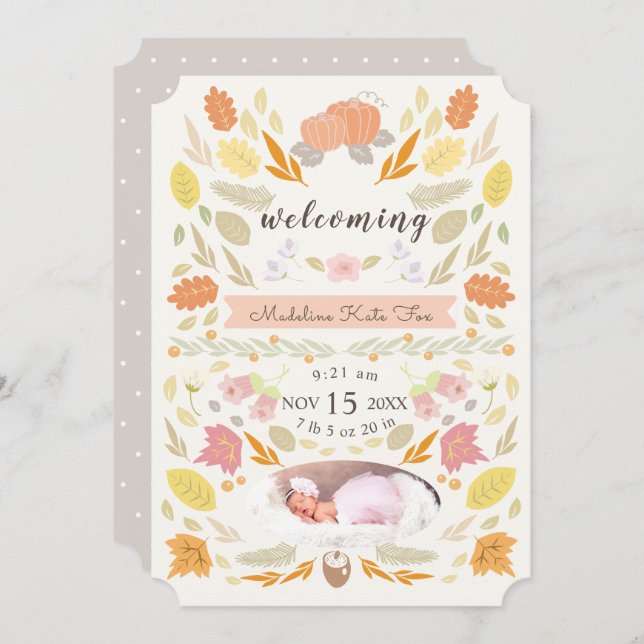 Anuncio de nacimiento de la foto de la calabaza de (Anverso / Reverso)