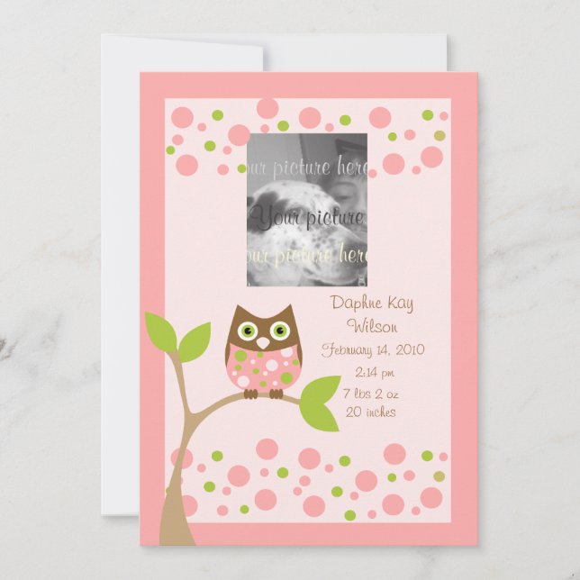 Anuncio de nacimiento de lechuza rosa. (Anverso)