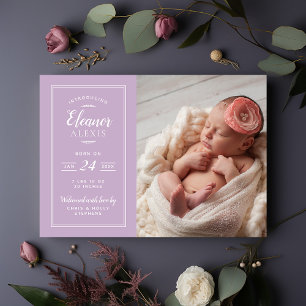 Anuncio de nacimiento de Lilac y Gray Baby Photo