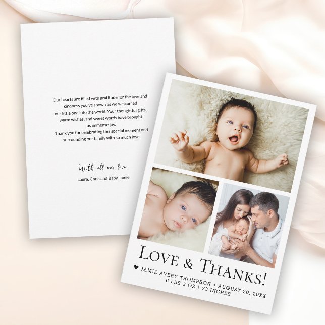 Anuncio de nacimiento de Love and Gracias Baby Pho (Custom photo collage baby birth announcement love and thanks cards.)