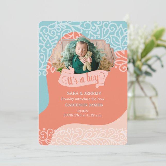 Anuncio de nacimiento de naranja y ola azul (Anverso de pie)