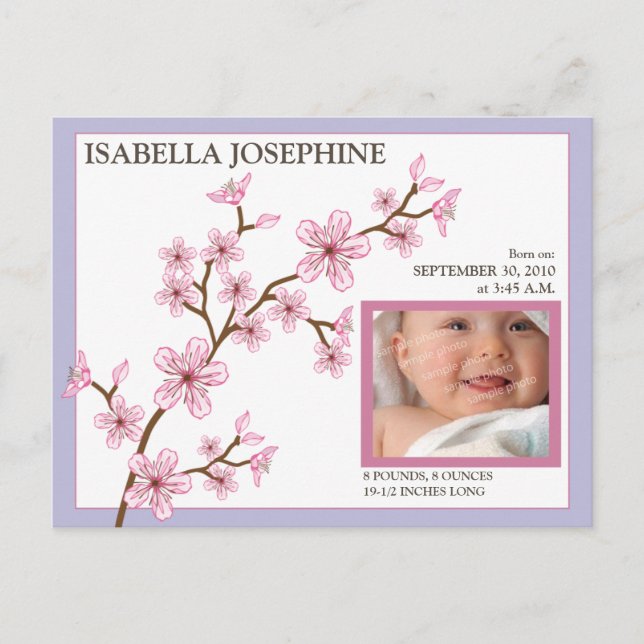 Anuncio de nacimiento de niña Cherry Blossom Baby: (Anverso)