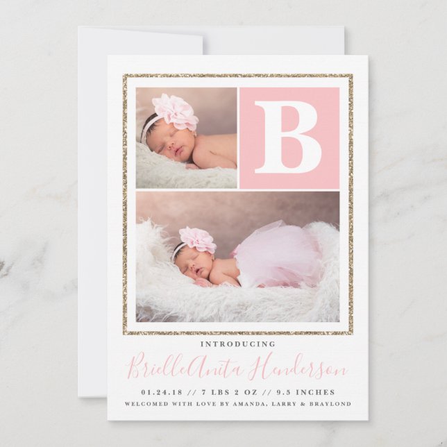 Anuncio de nacimiento de niña con brillo rosa y do (Anverso)