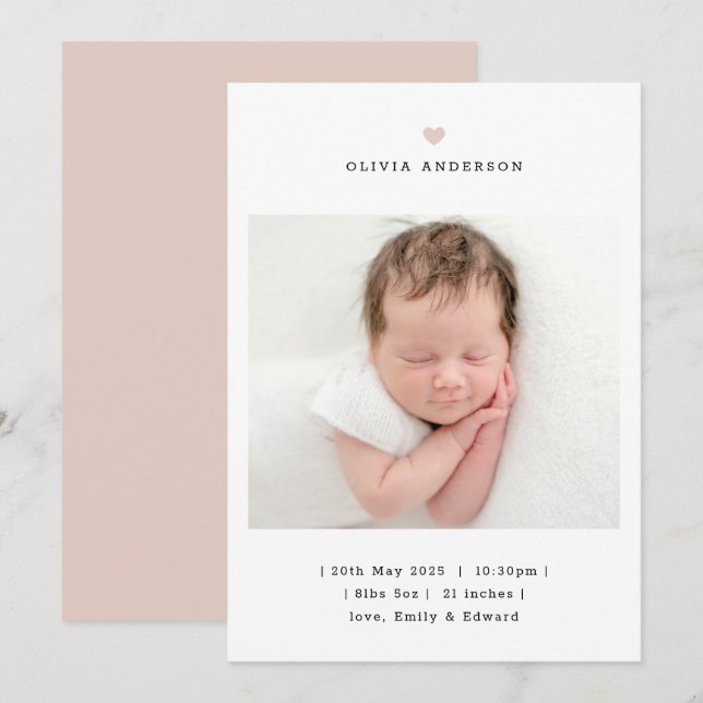 Anuncio de nacimiento de niña con corazón rosa min (Anverso / Reverso)