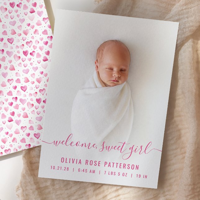 Anuncio de nacimiento de niña con corazones rosado (Subido por el creador)