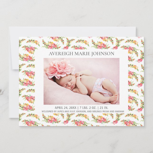 Anuncio de nacimiento de niña con flores amarillas (Anverso)