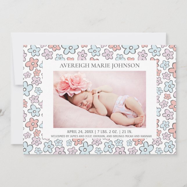 Anuncio de nacimiento de niña con flores azules ro (Anverso)