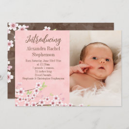 Anuncio de nacimiento de niña con foto en rosa y m