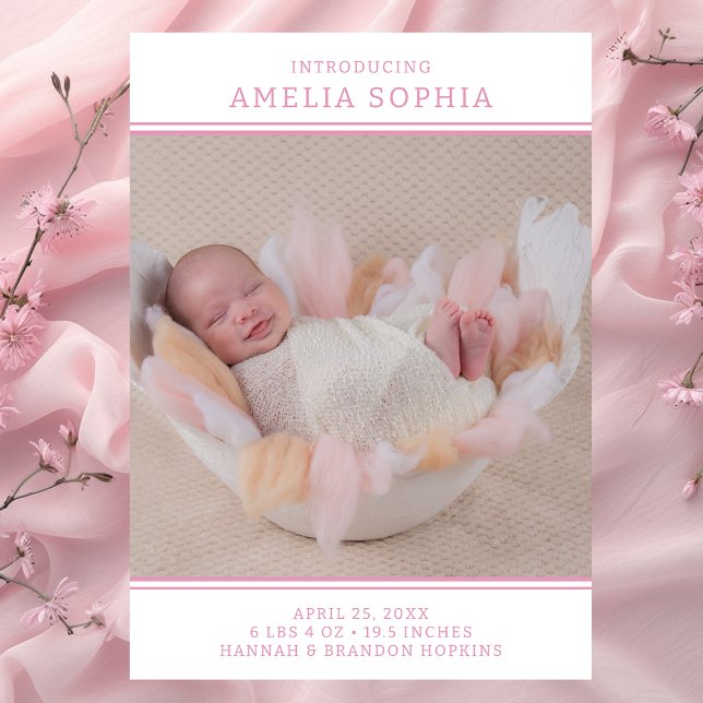 Anuncio de nacimiento de niña con foto rosa modern (Subido por el creador)