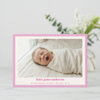 Anuncio de nacimiento de niña con gingham rosa par