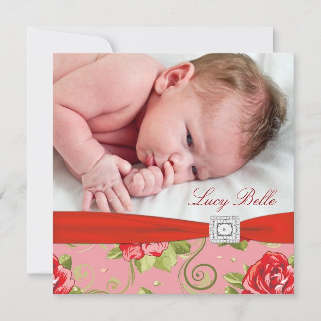 Anuncio de nacimiento de niña con rosa roja Chintz (Anverso)