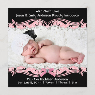Anuncio de nacimiento de niña en foto rosa y negro