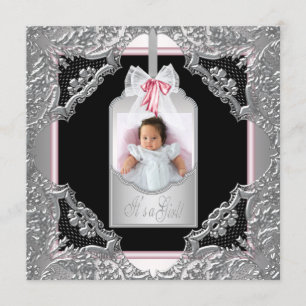Anuncio de nacimiento de niña en foto rosa y negro