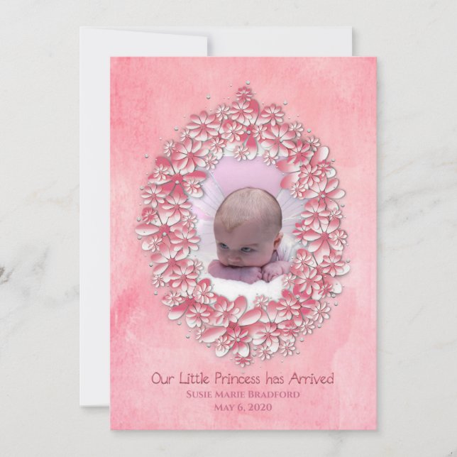 Anuncio de nacimiento de niña, rosa, foto/nombre (Anverso)