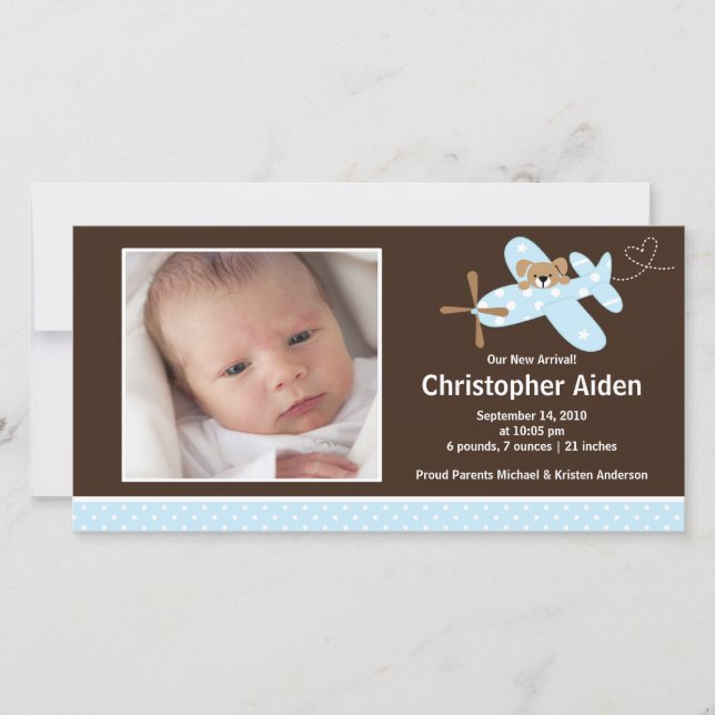 Anuncio de nacimiento de niño bebé de avión azul (Anverso)