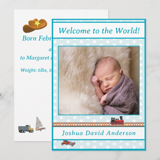 Anuncio de nacimiento de niño bebé de raza-azul co (Anverso / Reverso)