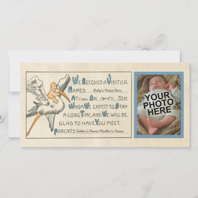 Anuncio de nacimiento de niño bebé retro y padres  (Anverso)