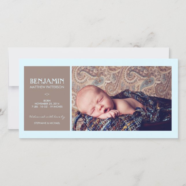 Anuncio de nacimiento de niño con foto de momento  (Anverso)