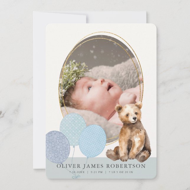 Anuncio de nacimiento de niño con globos de oso (Anverso)