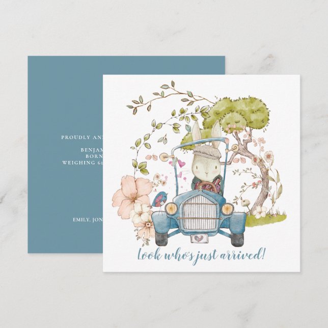 Anuncio de nacimiento de niño conejito con coche d (Anverso / Reverso)