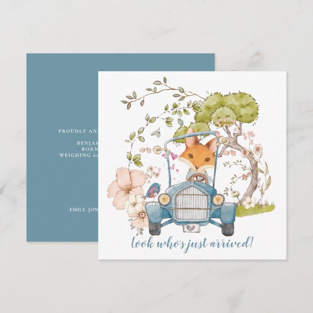 Anuncio de nacimiento de niño de Fox Cute Car Vint (Anverso / Reverso)