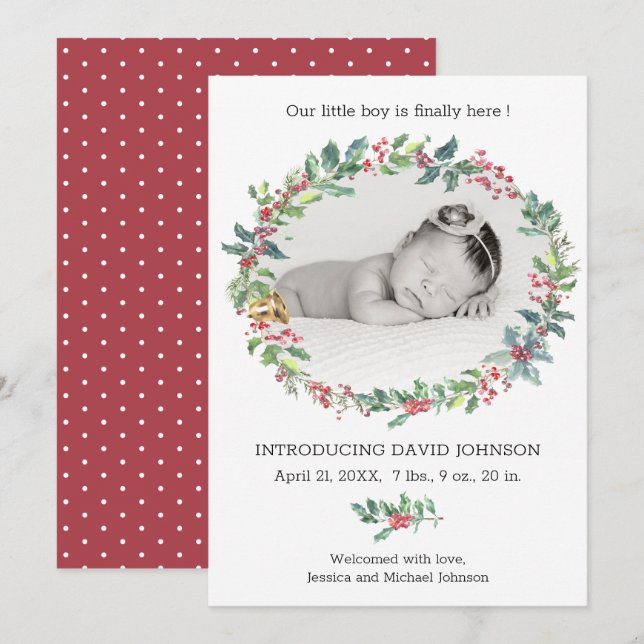 Anuncio de nacimiento de niño de vacaciones Holly  (Anverso / Reverso)