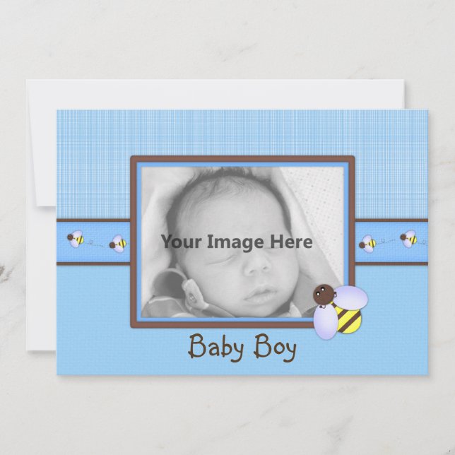 Anuncio de nacimiento de niño pequeño marrón y azu (Anverso)