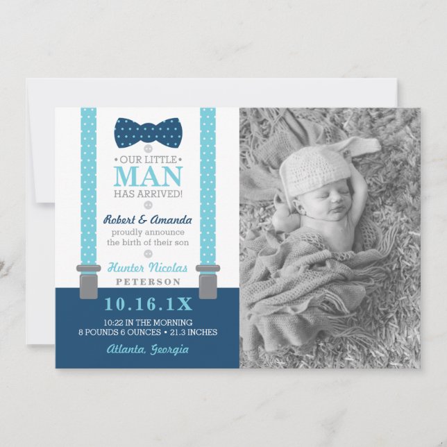 Anuncio de nacimiento de pequeño hombre, azul, gri (Anverso)