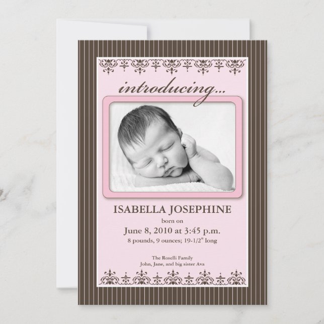 Anuncio de nacimiento de Pinstripe Pink 5x7" elega (Anverso)
