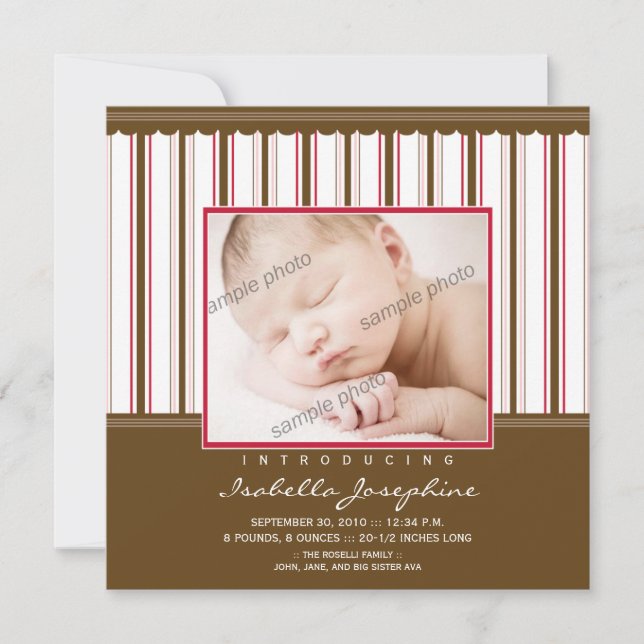 Anuncio de nacimiento de rayas marrones/rosadas de (Anverso)