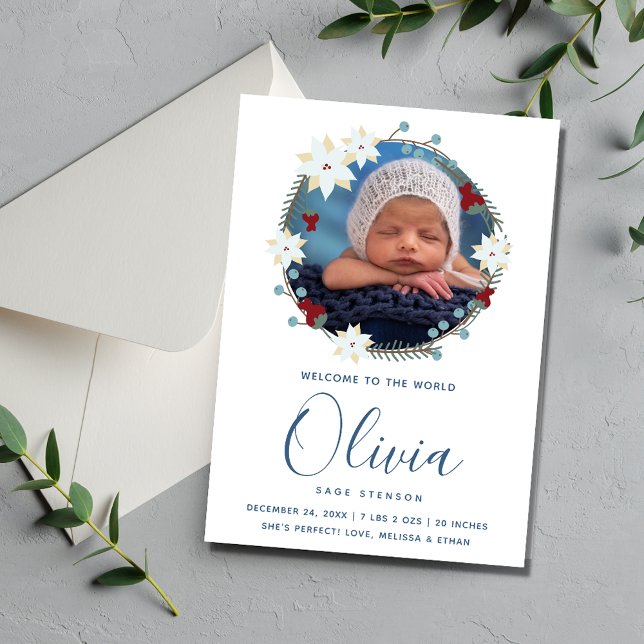 Anuncio de nacimiento de Recién nacido de foto de  (Christmas Wreath Photo New Baby Birth Announcement)