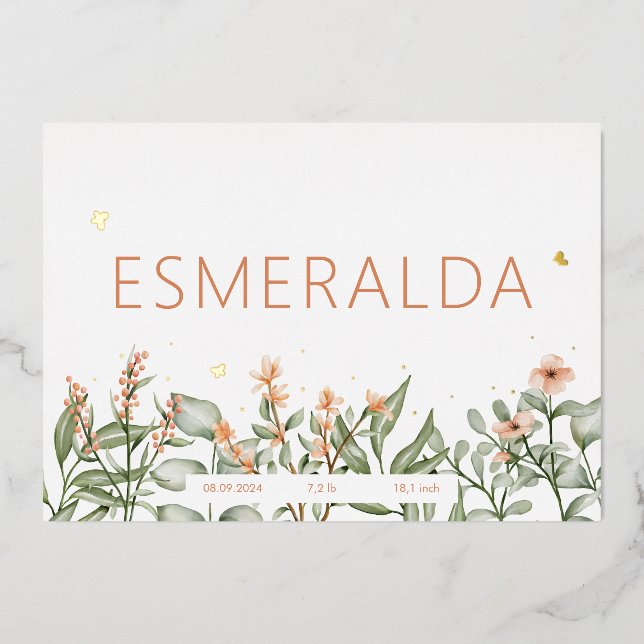 Anuncio de nacimiento de Relieve metalizado floral (Anverso)