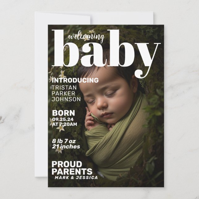 Anuncio de nacimiento de revista de bebés moderna (Anverso)