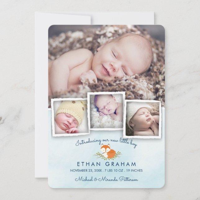 Anuncio de nacimiento de Sky Blue Woodland Fox Bab (Anverso)