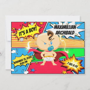 Anuncio de nacimiento de superhéroe de libro de hi