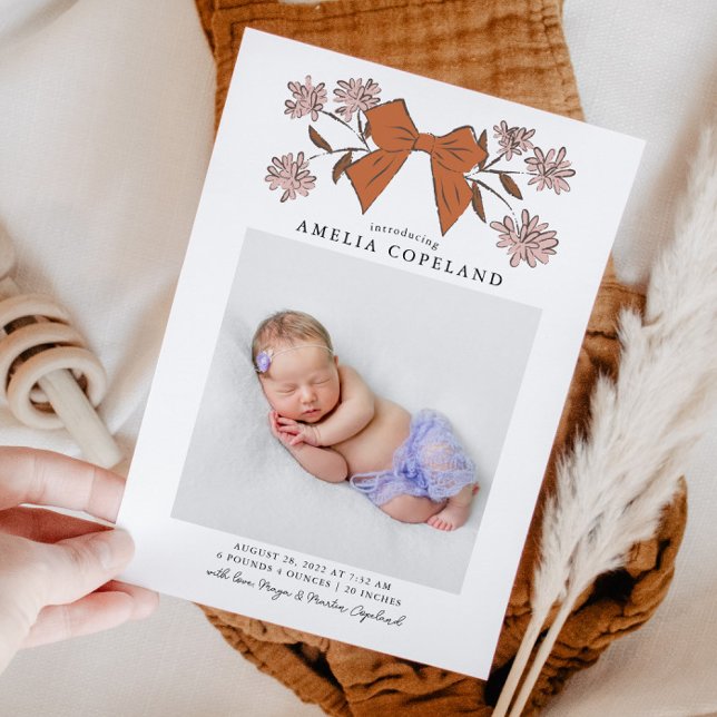 Anuncio de nacimiento de Terracotta Bow Baby Photo (Subido por el creador)
