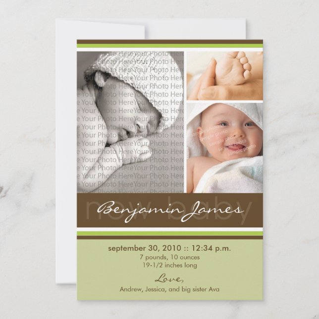 Anuncio de nacimiento de trío fotográfico de recié (Anverso)