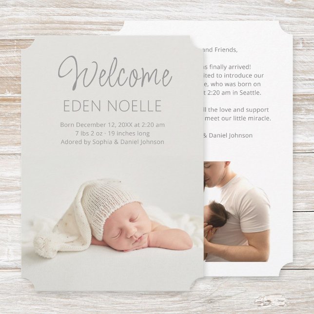 Anuncio de nacimiento de un guión elegante y moder (Modern gray script Welcome 2 photo birth announcement flat card with shaped corners.)