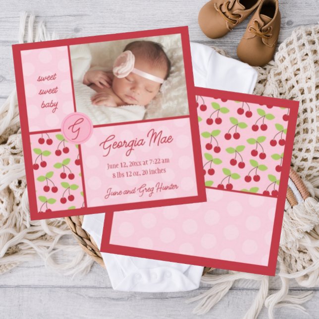 Anuncio de nacimiento de una bebé de cereza roja d (cherry birth announcement, pink and red birth announcement, photo baby birth announcement, template)