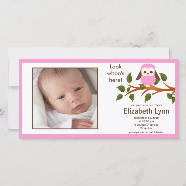 Anuncio de nacimiento de una bebé de lechuza rosa (Anverso)