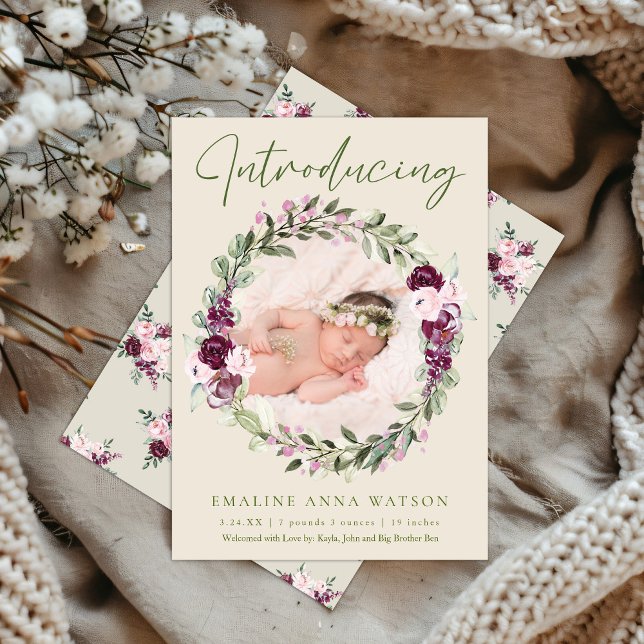 Anuncio de nacimiento de una flor rosa con flores  (Floral Botanical Wreath Photo Baby Girl Birth Announcement)