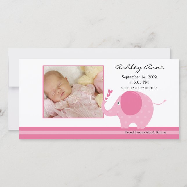 Anuncio de nacimiento de una niña elefante rosa (Anverso)