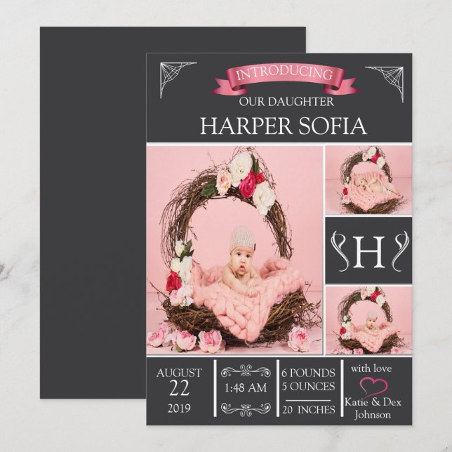 Anuncio de nacimiento de una niña simplemente eleg (Anverso / Reverso)