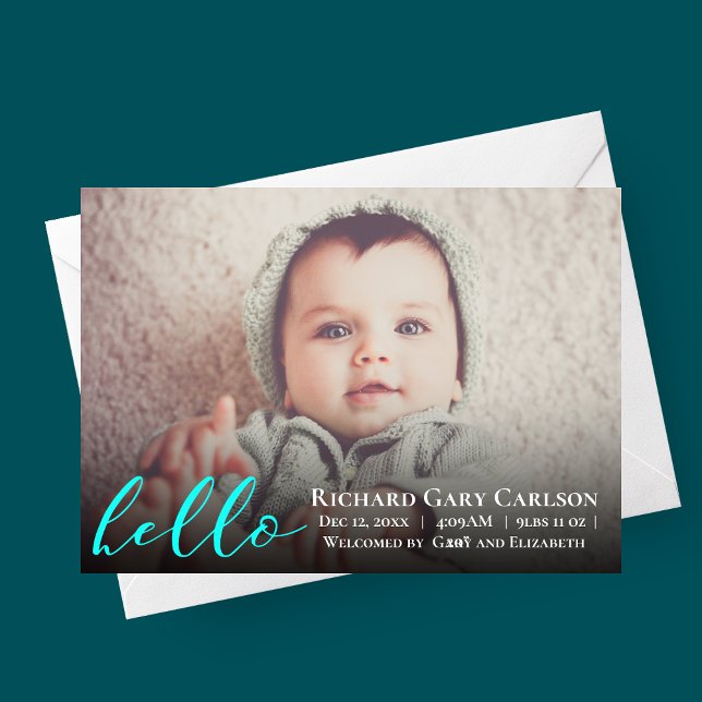Anuncio de nacimiento del bebé de la foto Hello (bright blue hello baby, photo birth announcement card)