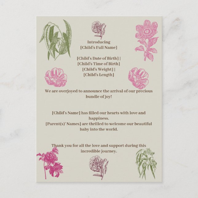 Anuncio de nacimiento del Chica Peony Eucalyptus (Anverso)