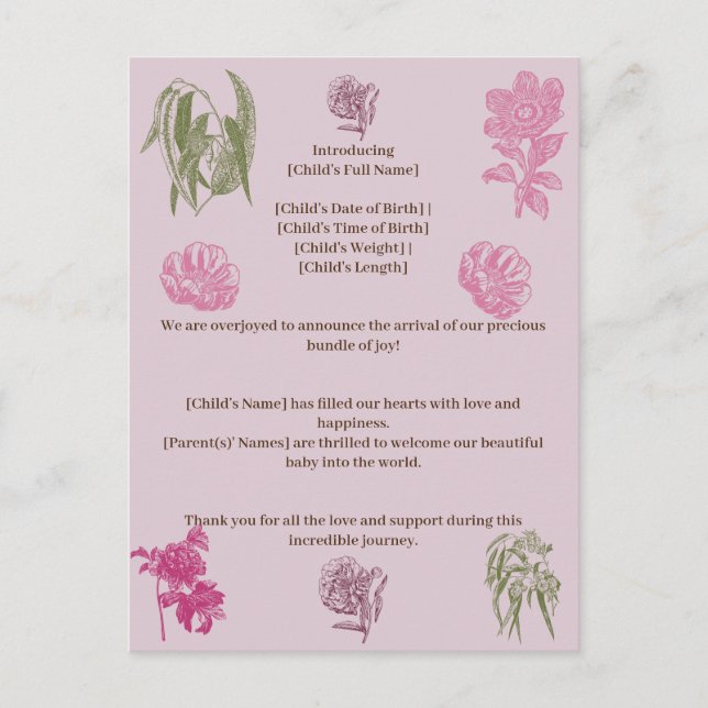 Anuncio de nacimiento del Chica Peony Eucalyptus (Anverso)