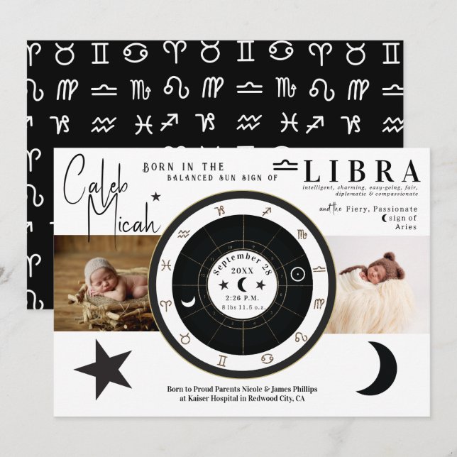 Anuncio de nacimiento del signo zodiacal Libra Sol (Anverso / Reverso)