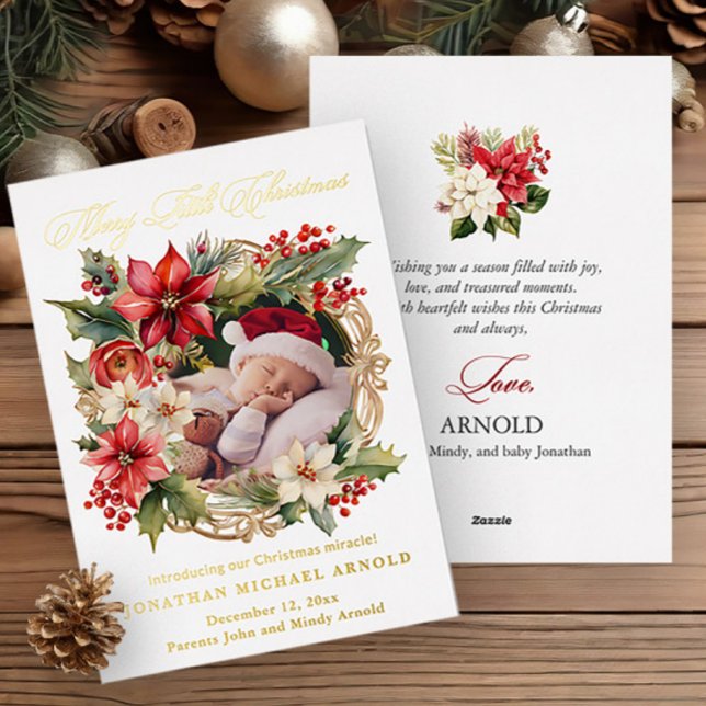 Anuncio de nacimiento en papel de aluminio de Navi (Elegant Baby's 1st Christmas gold foil and poinsettias greeting card)