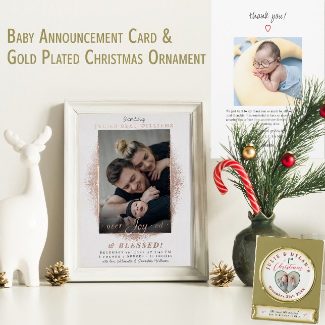 Anuncio de Nacimiento en Vacaciones con Foto de Be (Overjoyed Blessed Photo Holiday Birth Announcement Elegant Modern Gold Foil Card )