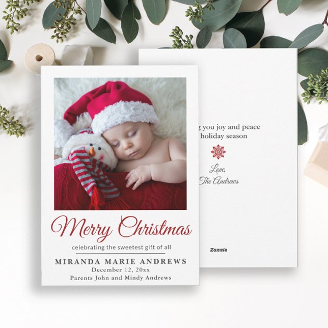 Anuncio de Nacimiento Feliz Navidad Foto  (Elegant "Merry Christmas" baby announcement photo card)